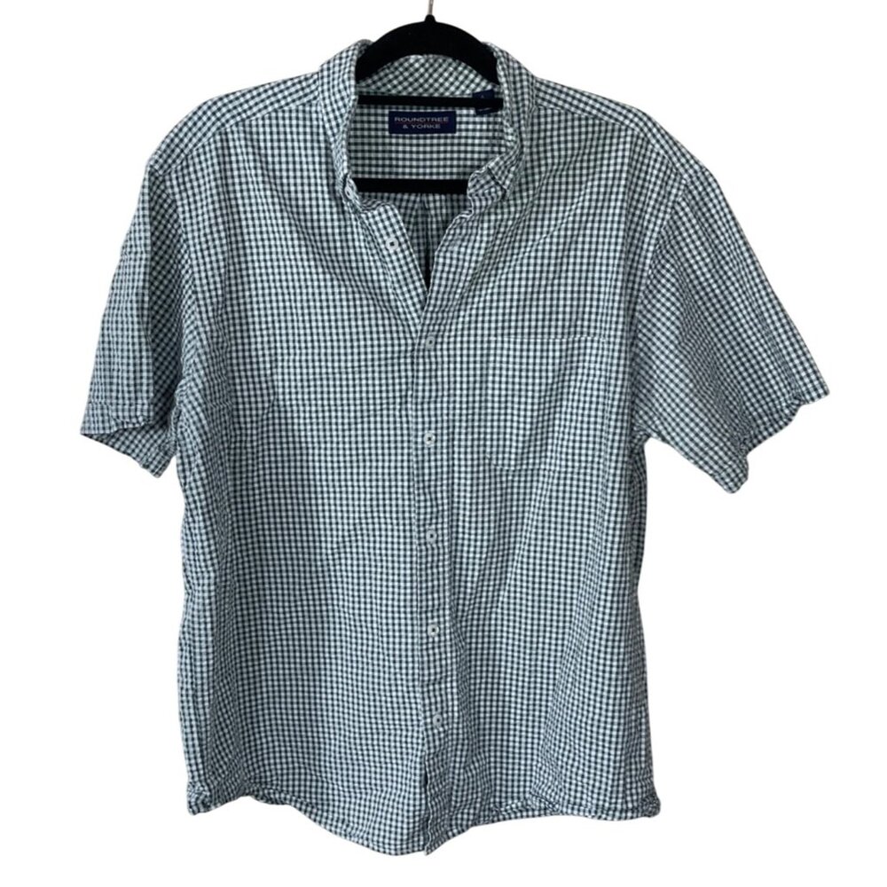 Roundtree & Yorke Men's Button Down Shirt Short Sleeve L Large Green Gingham